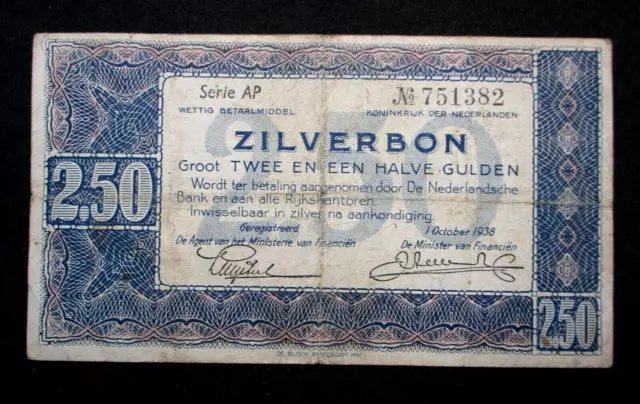 Old Banknote Of Netherlands 2.5 Gulden 1938 Zilverbon