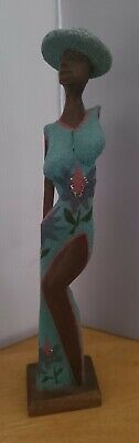 Beautiful Wood Carving Of Woman In Blue Dress And Hat Made In Africa