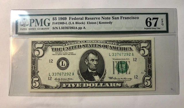 $5.00 Federal Reserve Note San Francisco Pmg67 Epq Superb Gem Unc 1969 Issue