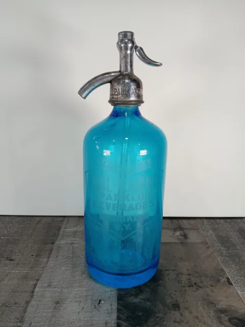 Vintage Blue Seltzer Bottle Bar Décor Paul Karmin Sparkling Brooklyn N.Y. 26oz