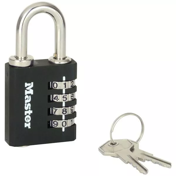 MASTER LOCK - Cadenas  4 chiffres,en alu. 40mm noir avec clés de  secours.