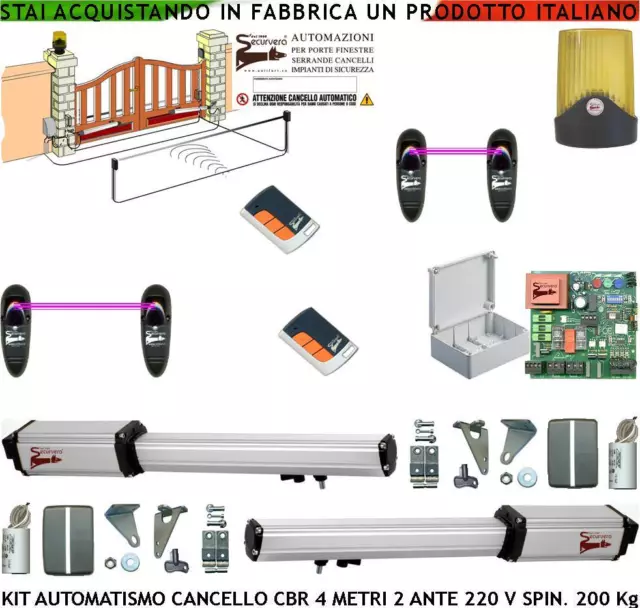 Cancello Automatico 4 Metri 2 Ante Kit Cbr 2 Motori 220 V 2 Radiocc 2 Fotoc Faro