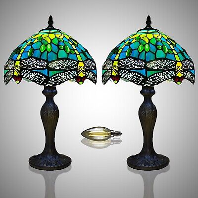 Pair of Tiffany Style Table Lamps Multicolour Art 10 Inch Shade Stained Glass UK