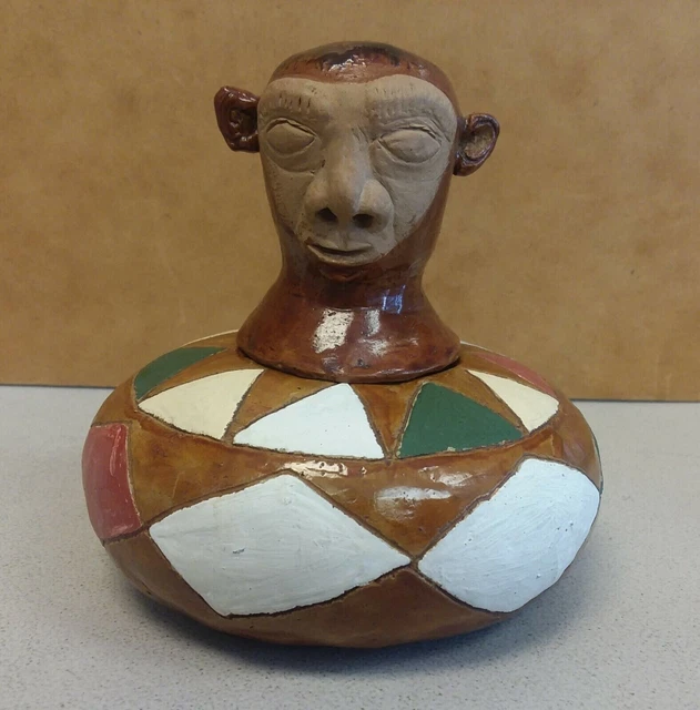 African Pottery Harlequin MONKEY Lidded Jar Bowl Handmade Painted FOLK ART