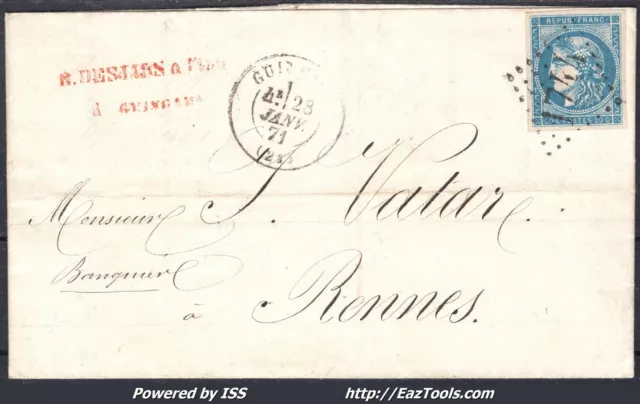 France N° 45C Sur Lettre Gc 1744 Guingamp Cotes Du Nord +Cad Du 28/01/1871