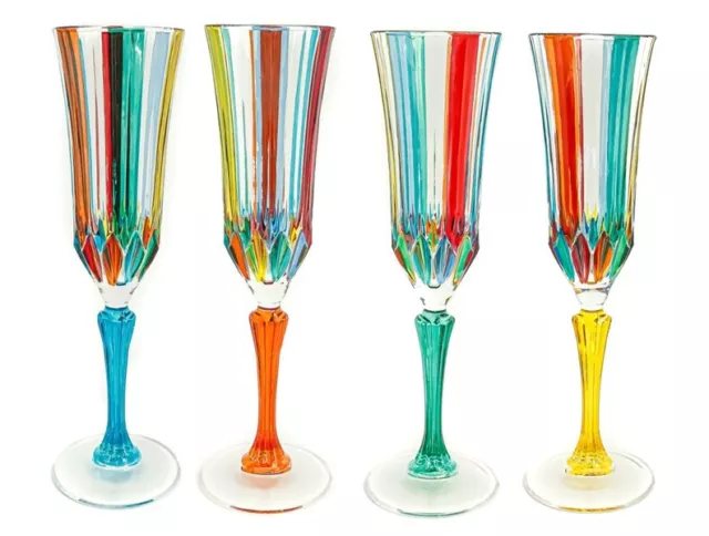 Ensemble De Four Murano Champagne Verres Multi Bleu Rouge Orange Tige Main Peint