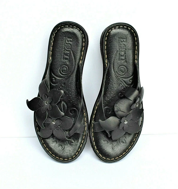 Born Womens 6M Black Leather Flower Slip In Thong Sandal Open Toe Shoe