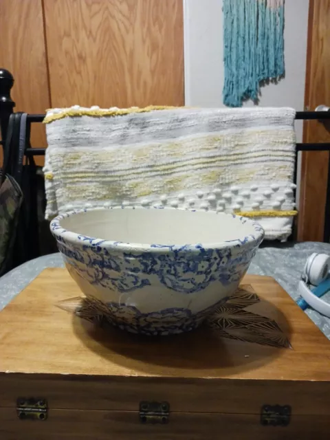 Antique Spongeware Bowl Blue Stoneware 19th Century