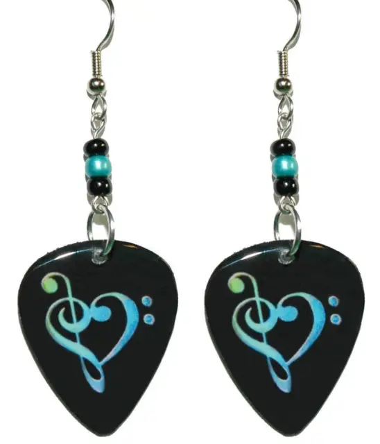 Black With Blue Treble & Bass Clef Heart Guitar Pick Dangle Earrings (Gp039)