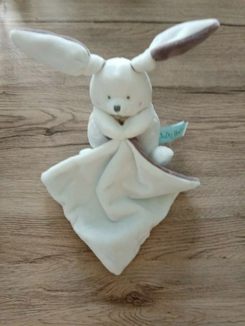doudou lapin mouchoir blanc gris babynat  bn0466 etat  neuf  pommette rose