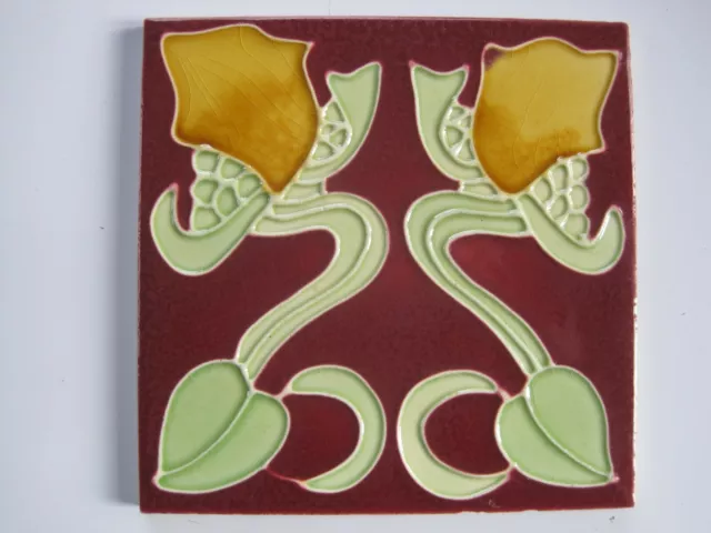 Art Nouveau Style Majolica Glazed Moulded Tile - Yellow Stylised Flowers - Repro