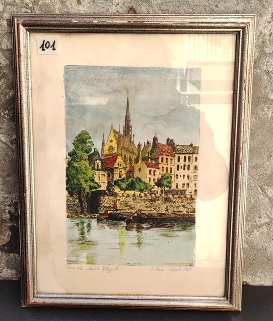 Acquerello Quadro Cattedrale Notre Dame Firmato Viole 1977 Dipinto Originale