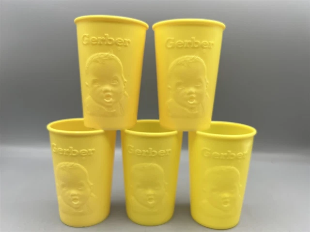 Vintage Gerber Baby Foods Lot Of 5 Yellow 3" Cup Raised Face And Logo