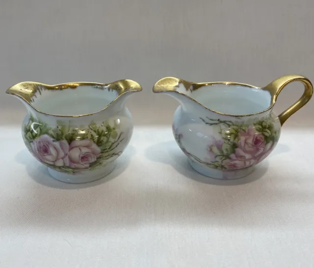 Antique Mini Hand-Painted Flowered And Gilded Sugar Bowl & Creamer European HTF