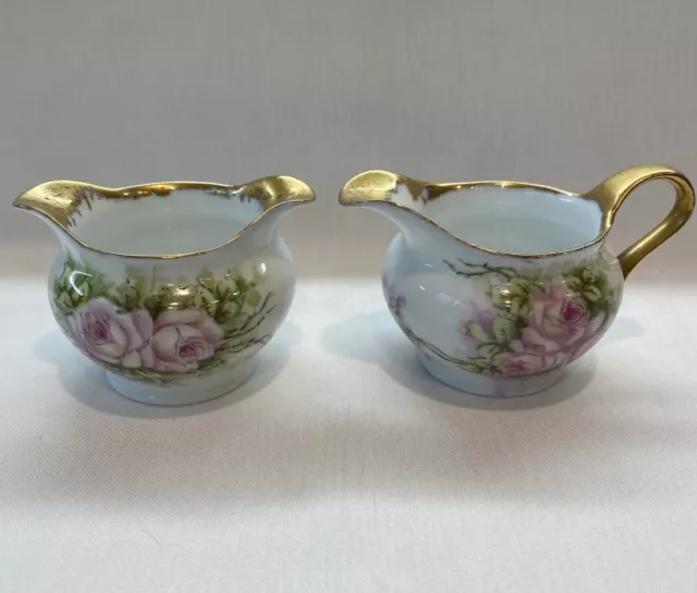 Antique Mini Hand-Painted Flowered And Gilded Sugar Bowl & Creamer European HTF