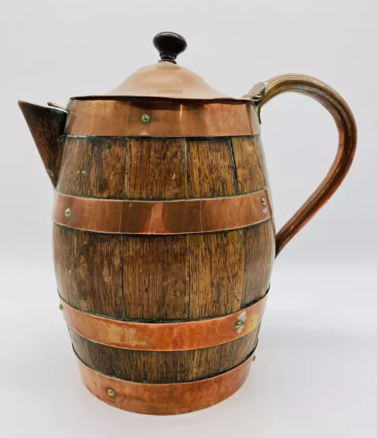 Barrel Jug Pitcher Oak Coopered Wood Copper Metal Lidded Antique Large 12.5" GA