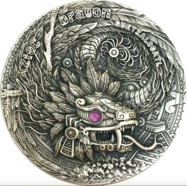 Niue 2020 $5 Aztec Dragon 2 oz High Relief Antique Silver Coin