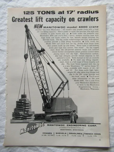 1959 Print AD Manitowoc 125 Ton Model 4000 Crane 11X8"