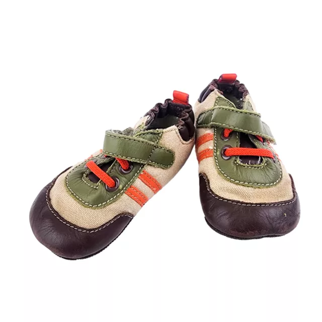 Robeez Size 3 Boys Toddler Shoes Green Brown Canvas Leather Rubber Sole