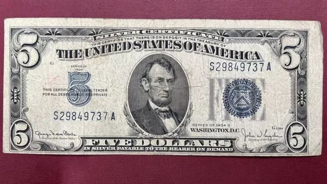 1934 D Five Dollar Silver Certificate $5 Bill Blue Seal Note Circulated #59026