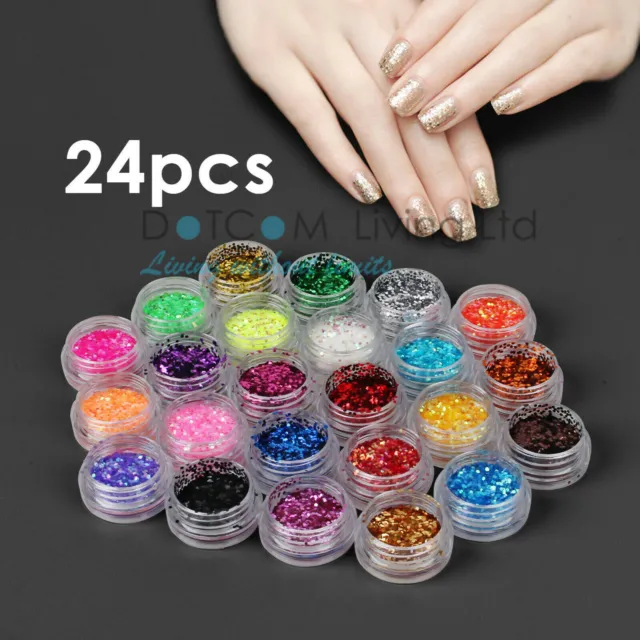 24 Mix Colours Nail Art Craft Acrylic Fine Glitter Powder Pots Tips Decoration