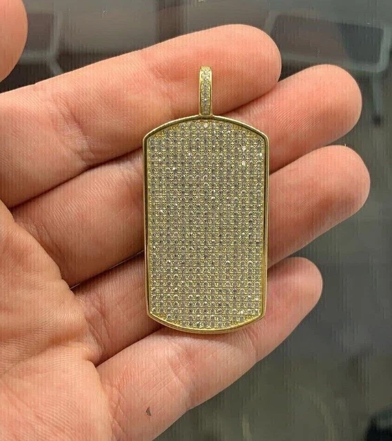 Real Moissanite 2.00Ct Round Cut Large Dog Tag Pendant In 14k Yellow Gold Plated