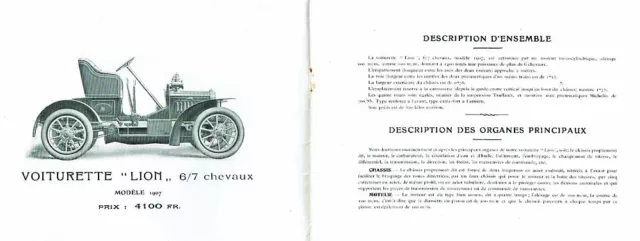 Catalogue AUTOMOBILE PEUGEOT 1907 voiturette LION 3