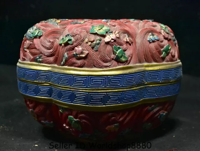 8" Qianlong Marked Old Red Lacquerware Painting Flower Jewelry box jewel case