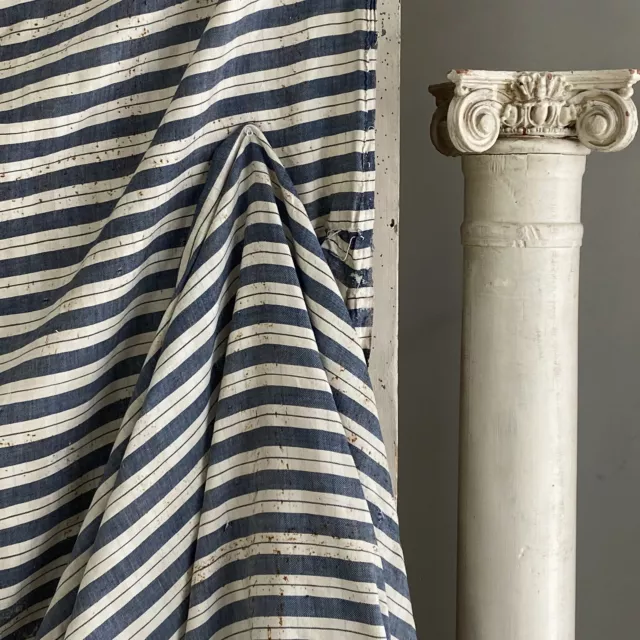 18th century blue stripe French fabric timeworn time touched aged primitive Rus