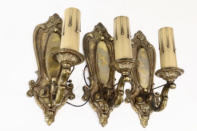Set of 3 Antique Brass Sconces Crescent B.M Co Wall Light Candle Victorian Chain
