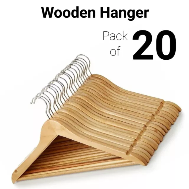 Natural Wooden Coat Hangers Suit Garments Clothes Wood Trouser Bar Set of 20