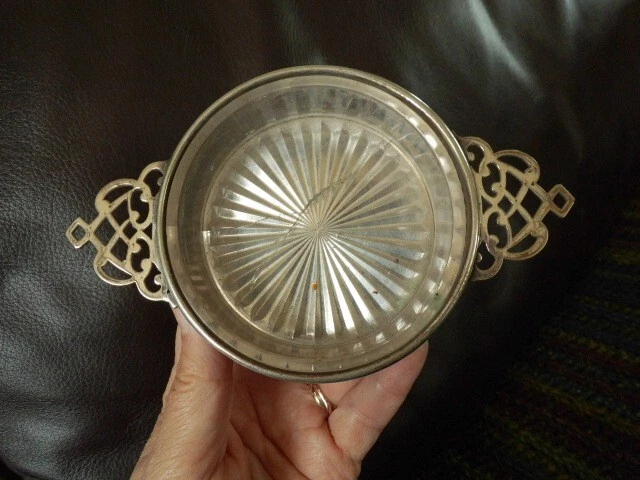 Antique silver plated conserve caviar dish basket with glass liner TH Hazlewood