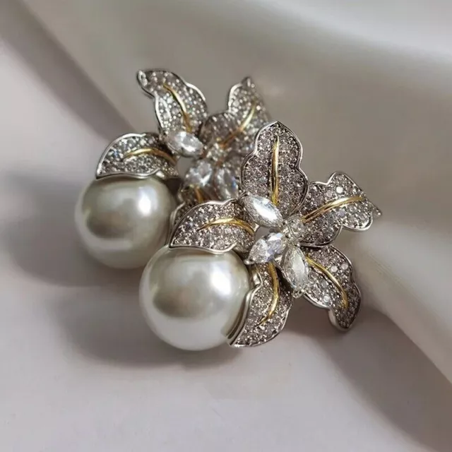 Gorgeous Silver Plated Flower Pearl  Sparkling CZ Stone Fashion Wedding Jewelry