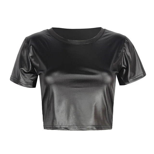 Femme Simili Cuir Court Haut Coupe Slim Manches Courtes Solide Punk Chic