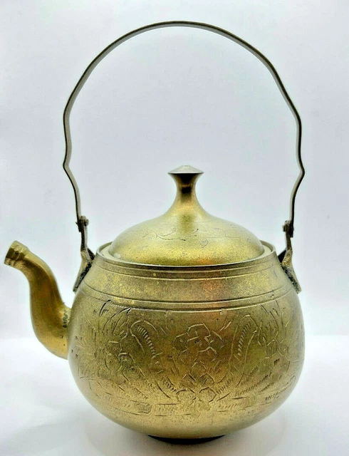 MCM Brass Teapot With Handle Made In India Ornate Etched Floral