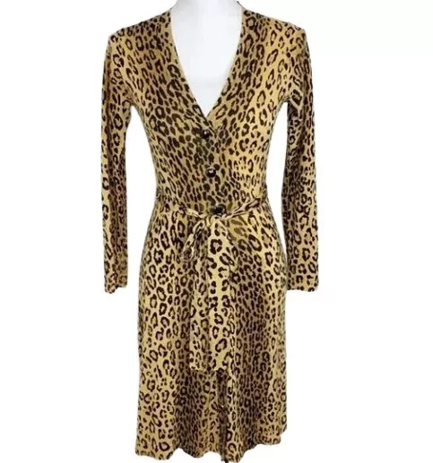 Milly New York Womens Sweater Dress Leopard Merino Wool Button Tie S