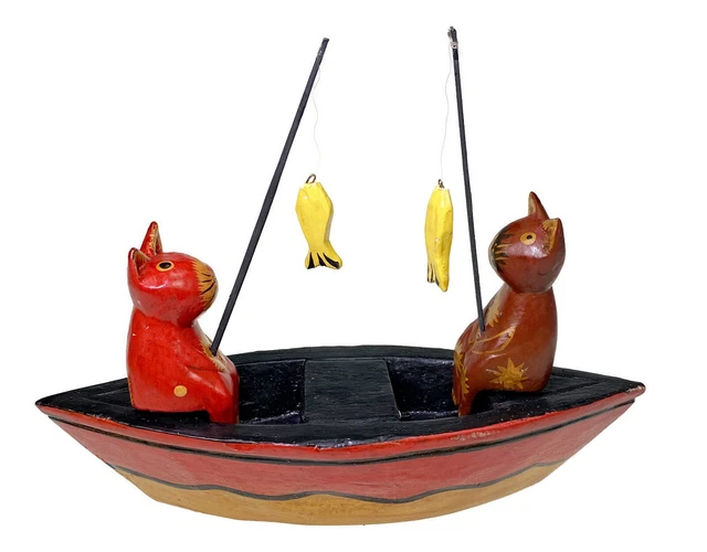 CARVED PAINTED WOOD Boat Fishing Cats Primitive Boho Folk Art Red Top