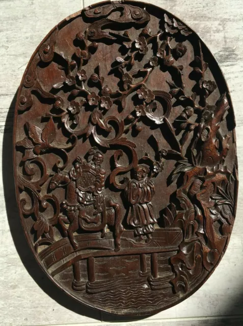 Panneau de bois sculpé en relief Chine : Ancienne scène de sages tao confucius