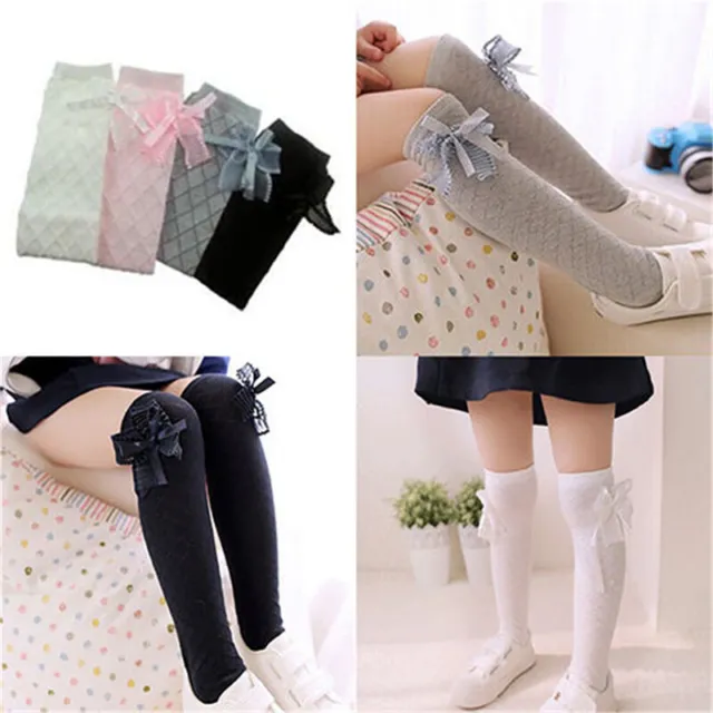 Girl Classic Kids Cotton Socks Tights School High Knee Gridding Bow Stocking ZH1