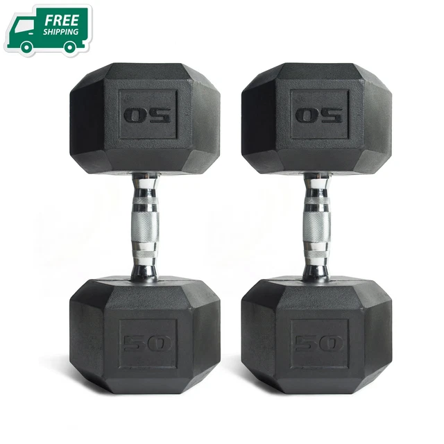 2Pcs Barbell, 50lb Coated Rubber Hex Dumbbell, 1 Pair (Ships in 2 Boxes) New