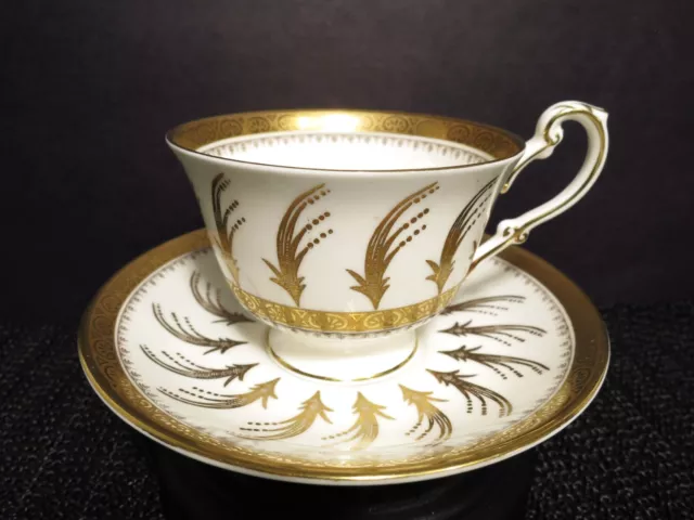 Foley Bone China Footed Tea Cup and Saucer 4806 White Gold Plumes E Brain & Co