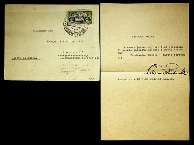 SEPHIL POLAND 1934 30g W/OVPT ON GORDON BENNETT BALLOON COVER W/SIGNED LETTER