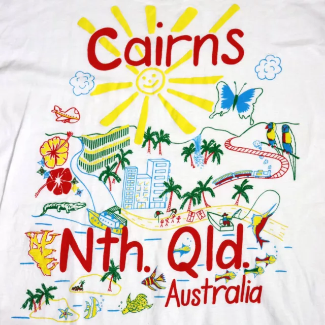 Vintage 80s 90s White Cairns North Queensland Australia Tourist Shirt Puff paint