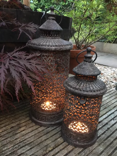 Set 2 Rustic Antique Style Metal Ornate French Moroccan Lanterns - Garden Indoor