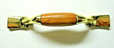 Rustic Farmhouse 1990s Drawer Pull Handle 3" Centers Shiny Bright Brass Oak Wood