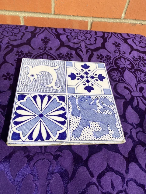 Lovely Stylish Antique Quartered Arts & Crafts Tile Featuring Seahorse, Lion (4) 3