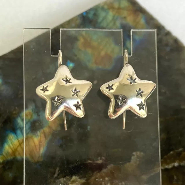 Sterling Silver 925 0.85" Star Shaped Celestial Kidney Wire Dangle Earrings