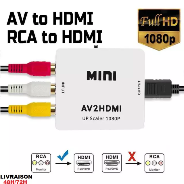 Mini Adaptateur Convertisseur Hdmi vers Rca/ Rca vers Hdmi 1080p+Cable 2