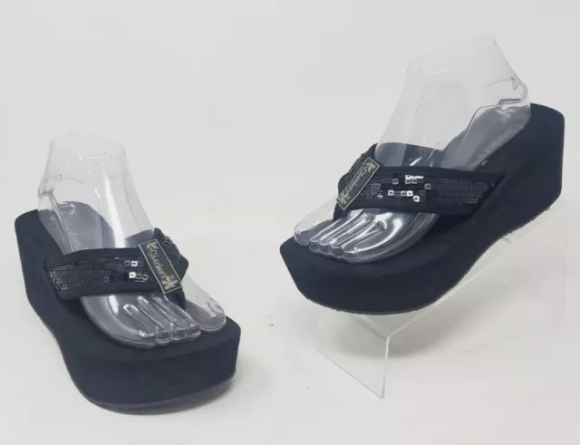 Vintage Y2K Skechers Black Chunky Platform Sequin Flip Flop Foam Thong Sandals 8