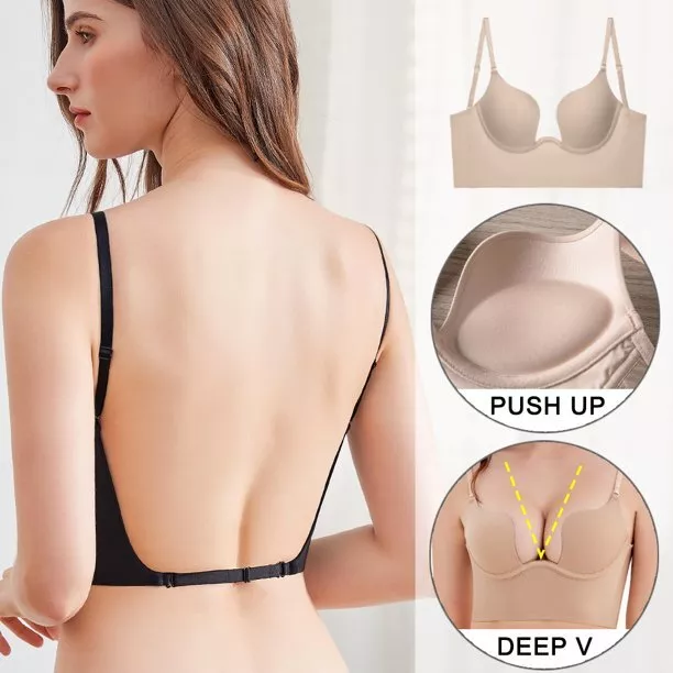 seagallery Low Back Bras for Women Push Up Deep V Neck Plunge